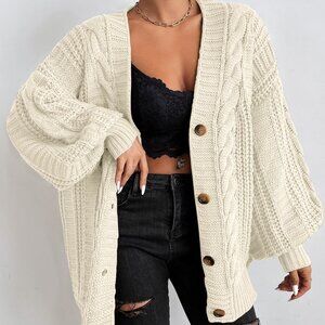 Beige Casual Womens Solid Button Front Cable Knit Cardigan